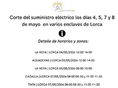 Corte del suministro eléctrico los días 4, 5, 7 y 8 de mayo en varios enclaves de Lorca corte del suministro eléctrico los días 4, 5, 7 y 8 de mayo en varios enclaves de lorca
