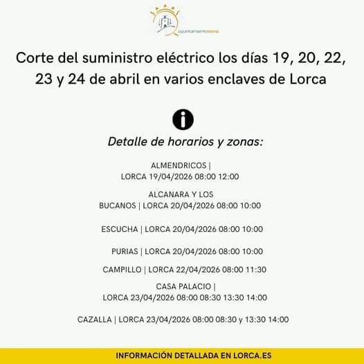 corte del suministro eléctrico los días 19, 20, 22, 23 y 24 de abril en varios enclaves de lorca corte del suministro eléctrico los días 19, 20, 22, 23 y 24 de abril en varios enclaves de lorca