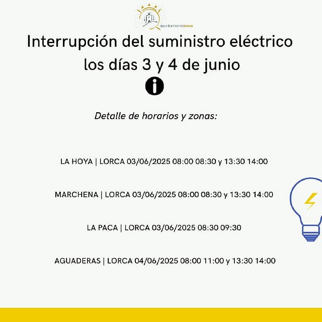Corte del suministro eléctrico los días 3 y 4 de junio en varios enclaves de Lorca