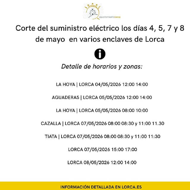 corte del suministro eléctrico los días 4, 5, 7 y 8 de mayo en varios enclaves de lorca corte del suministro eléctrico los días 4, 5, 7 y 8 de mayo en varios enclaves de lorca